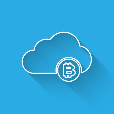 Beyaz Cryptocurrency bulut madenciliği çizgi simgesi uzun gölge ile yalıtılmış. Blockchain teknolojisi, bitcoin, dijital para piyasası, kripto para cüzdanı. Vektör İllüstrasyonu