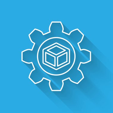 Beyaz Ürün geliştirme simgesi uzun gölge ile izole. Dişli ve küp. Başlangıç koleksiyonundan ürün geliştirme sembolü tasarımı. Vektör İllüstrasyonu