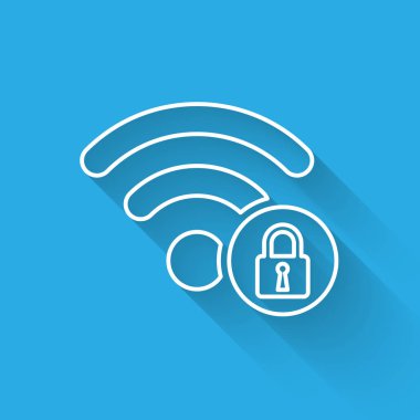 Beyaz Wifi uzun gölge ile izole işaret satırı simgesi kilitli. Şifre Wi-fi simgesi. Kablosuz Ağ simgesi. Wifi bölgesi. Vektör İllüstrasyonu