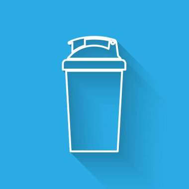 Beyaz Fitness shaker simgesi uzun gölge ile izole. Su ve protein kokteylleri için kapaklı spor shaker şişesi. Vektör İllüstrasyonu