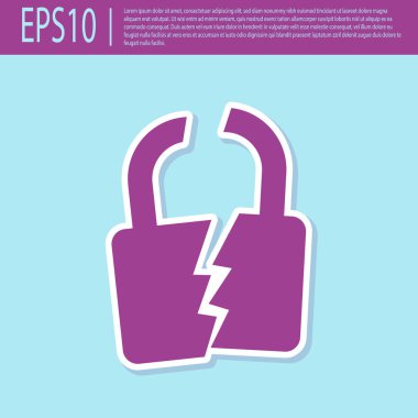 Retro mor Kırık veya kırık kilit simgesi turkuaz arka plan üzerinde izole. İşareti aç. Vektör İllüstrasyonu