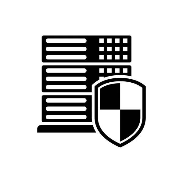 흰색 배경에 격리 된 방패 아이콘이있는 검은 색 서버. 공격에 대한 보호. 네트워크 방화벽, 라우터, 스위치 또는 서버, 데이터, 센터. 벡터 일러스트레이션 — 스톡 벡터