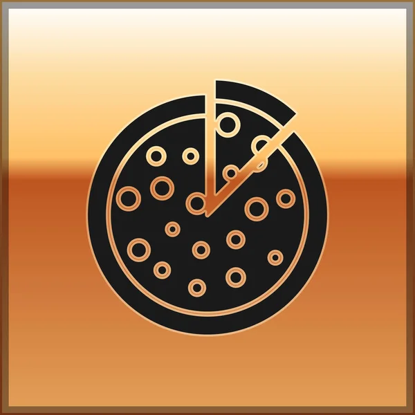 Чорна піца ікона ізольована на золотому фоні. Векторна ілюстрація — стоковий вектор