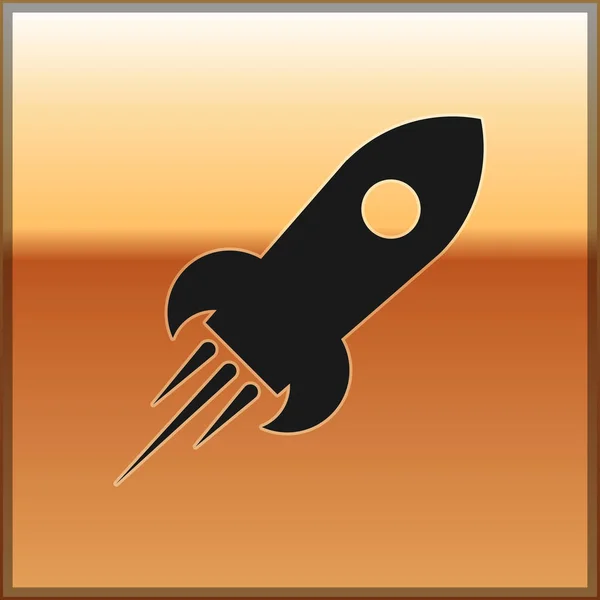 Black Rocket ship with fire icon isolated on gold background. Space travel. Vector Illustration