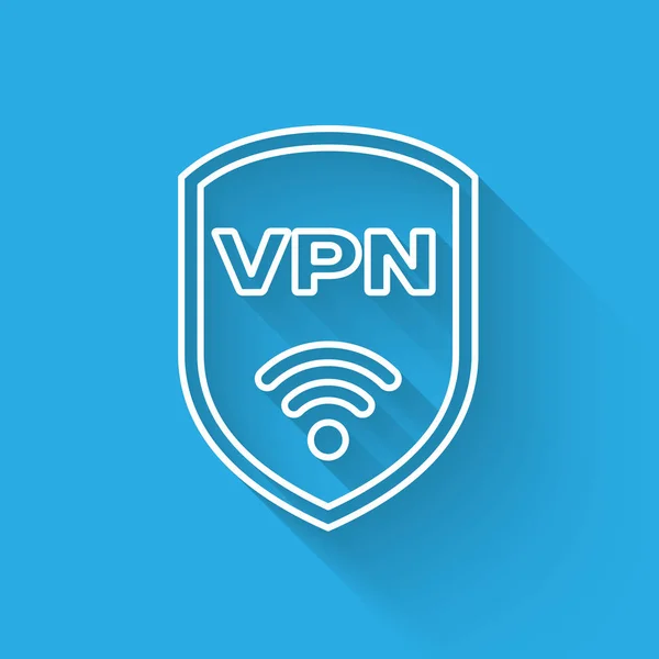 Vpnと無線LAN無線インターネットネットワークシンボルラインアイコンとホワイトシールドは、長い影で隔離されています。VPNは安全コンセプトを保護します。ベクトルイラストレーション — ストックベクタ