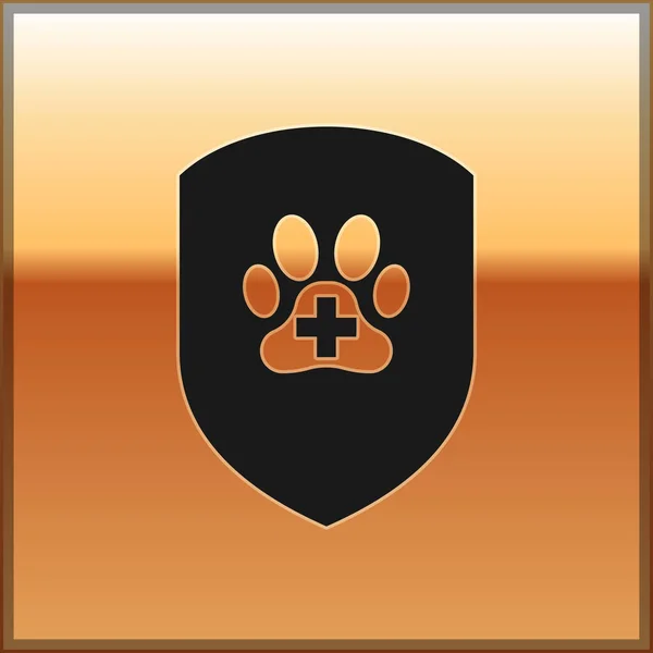 금 배경에 고립 된 검은 동물 건강 보험 아이콘입니다. 애완 동물 보호 아이콘입니다. 개 또는 고양이 발 인쇄. 벡터 일러스트레이션 — 스톡 벡터