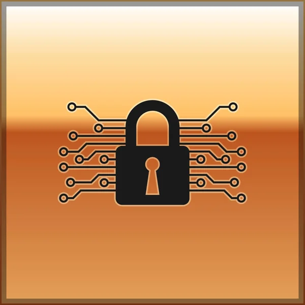 Fekete Cyber biztonsági ikon izolált arany háttér. Zárt lakat a digitális áramköri táblán. A biztonsági koncepció. Digitális adatvédelem. Vektoros illusztráció — Stock Vector