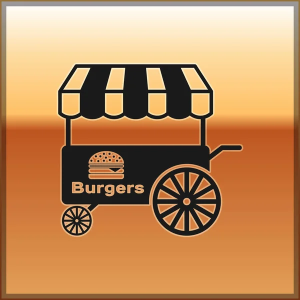 Schwarzer Streetfood-Wagen mit Markisensymbol auf goldenem Hintergrund. Burger oder Hamburger-Ikone. Stadtkiosk. Vektorillustration — Stockvektor