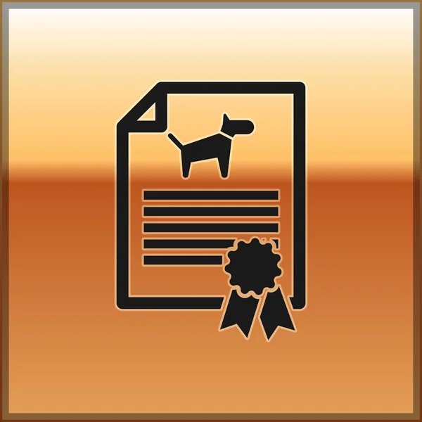 Certificado médico negro para viajar con icono de perro o gato aislado sobre fondo dorado. Documento para mascotas. Huella de pata de perro o gato. Ilustración vectorial — Archivo Imágenes Vectoriales