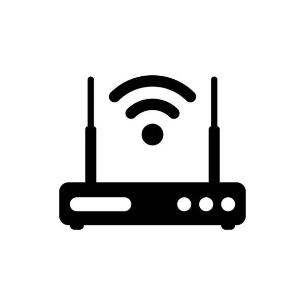 흰색 배경에 격리 된 검은 색 라우터 및 Wi-Fi 신호 기호 아이콘. 무선 이더넷 모뎀 라우터. 컴퓨터 기술 인터넷. 벡터 일러스트레이션 — 스톡 벡터
