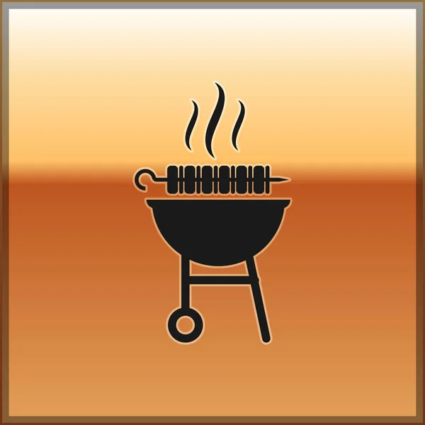 Schwarzer Grill gegrillter Dönerspieß auf Spießstangen-Symbol isoliert auf goldenem Hintergrund. Grillfleisch Kebab am Spieß. Picknick mit Grillfleisch. Vektorillustration — Stockvektor