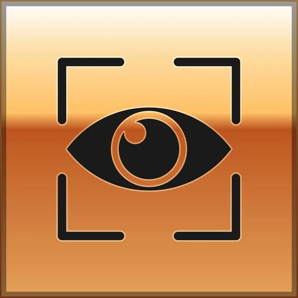 Schwarzes Auge Scan-Symbol isoliert auf goldenem Hintergrund. Augen abtasten. Sicherheitsüberprüfungssymbol. Cyber-Augenzeichen. Vektorillustration — Stockvektor