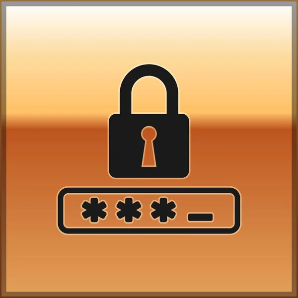 Black Password protection and safety access icon isolated on gold background. Ícone de bloqueio. Segurança, segurança, proteção, conceito de privacidade. Ilustração vetorial —  Vetores de Stock