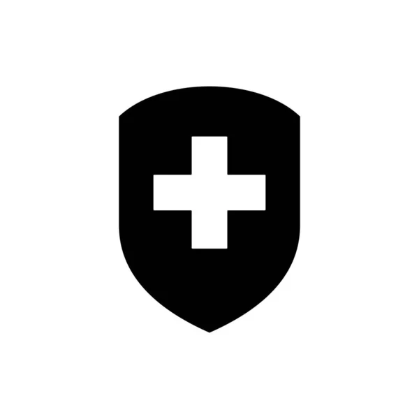 Escudo médico preto com ícone de cruz isolado no fundo branco. Conceito de protecção da saúde. Ícone do distintivo de segurança. Banner de privacidade. Etiqueta de segurança. Ilustração vetorial — Vetor de Stock