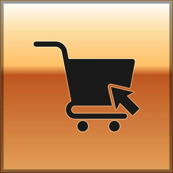 Carrito de compras negro con icono de cursor aislado sobre fondo dorado. Concepto de compra en línea. Señal de entrega. Símbolo de cesta de supermercado. Ilustración vectorial — Archivo Imágenes Vectoriales