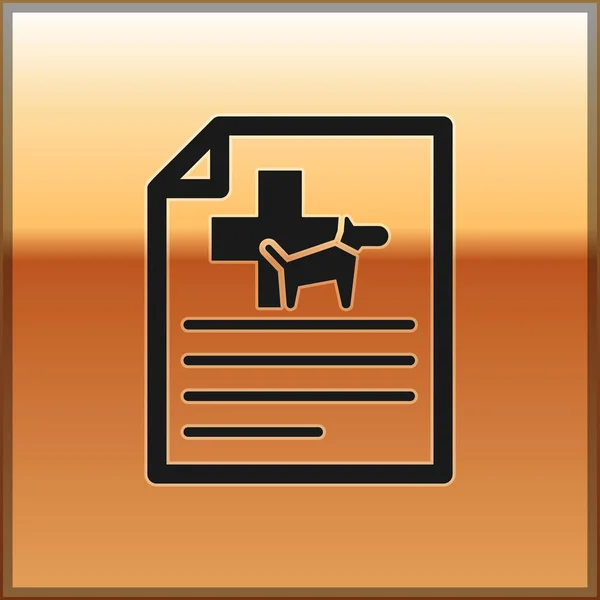 Certificato medico nero per viaggi con icona di cane o gatto isolata su sfondo oro. Documento per animale domestico. Illustrazione vettoriale — Vettoriale Stock