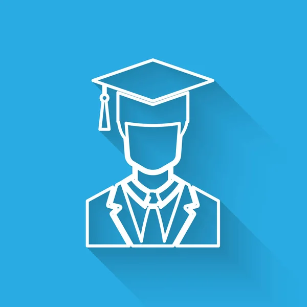Blanc profil d'étudiant diplômé masculin avec robe et icône de casquette de graduation isolé avec une ombre longue. Illustration vectorielle — Image vectorielle