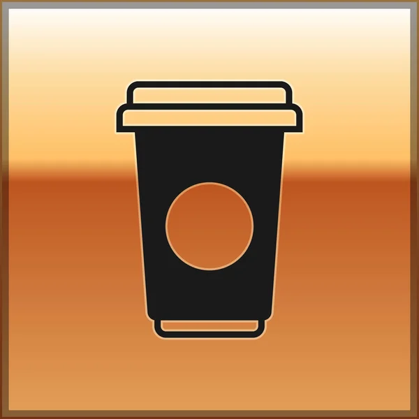 Icono de taza de café negro aislado sobre fondo dorado. taza de café desechable con café caliente. Ilustración vectorial — Vector de stock