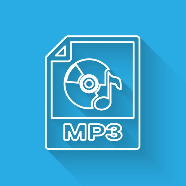 흰색 Mp3 파일 문서 아이콘입니다. 긴 그림자로 격리 된 mp3 버튼 라인 아이콘을 다운로드하십시오. Mp3 음악 형식 기호입니다. Mp3 파일 기호. 벡터 일러스트레이션 — 스톡 벡터