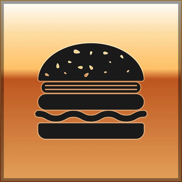 Ikona černého Burger je izolovaná na zlatém pozadí. Ikona hamburger. Cheeseburger se sendvičovým znakem. Vektorová ilustrace — Stockový vektor