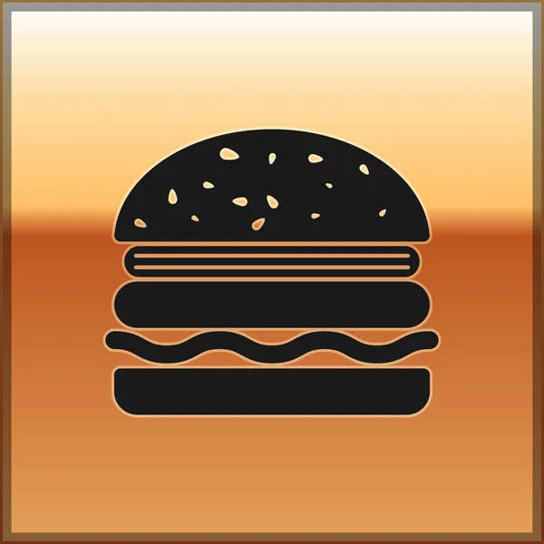 Schwarze Burger-Ikone isoliert auf goldenem Hintergrund. Hamburger Ikone. Cheeseburger Sandwich-Schild. Vektorillustration — Stockvektor