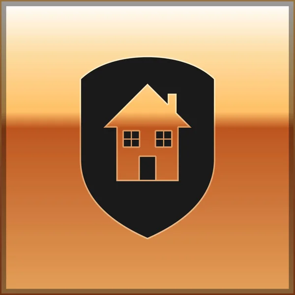 Black House altın arka plan izole koruma simgesi altında. Ev ve kalkan. Koruma, güvenlik, güvenlik, koruma, savunma konsepti. Vektör İllüstrasyonu — Stok Vektör