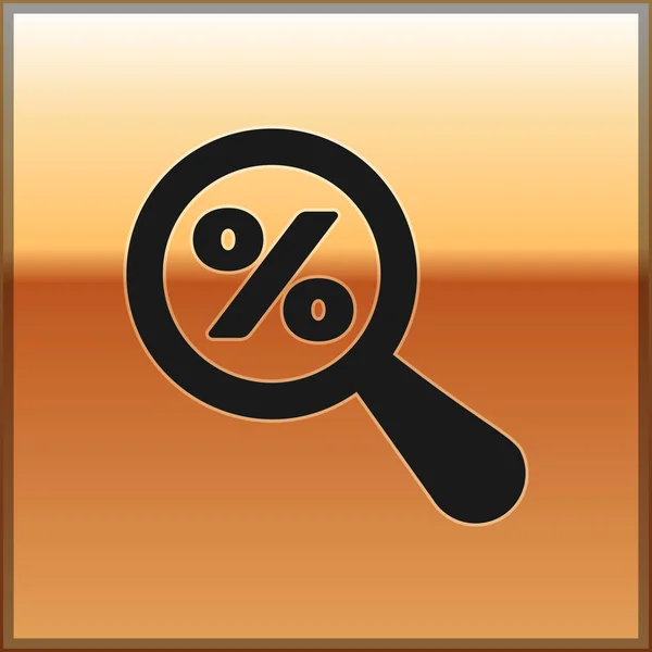 Lupa preta com ícone de desconto percentual isolado em fundo dourado. Desconto oferece pesquisa. Pesquisa para o sinal de venda de desconto. Ilustração vetorial — Vetor de Stock