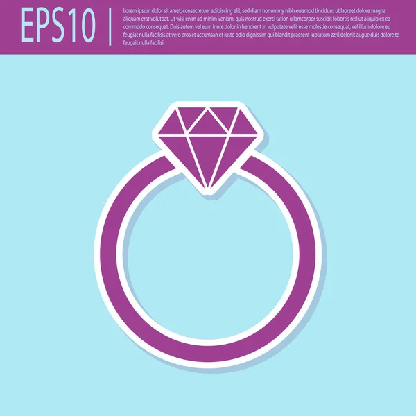 Icono de anillo de compromiso de diamante púrpura retro aislado sobre fondo turquesa. Diseño plano. Ilustración vectorial — Vector de stock