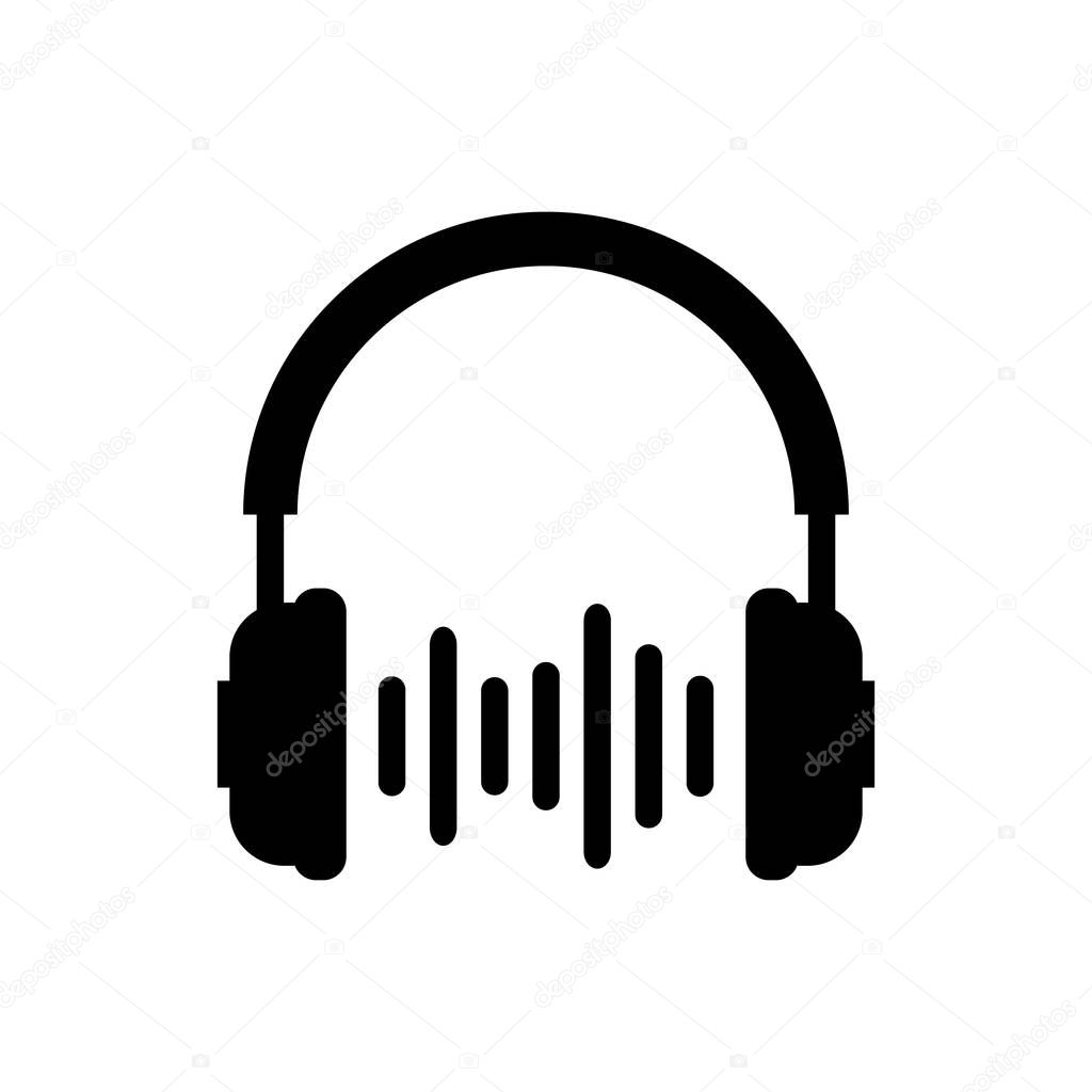 Black Headphone and sound waves icon on white background. Earphone sign. Concept object for listening to music, service, communication and operator. Vector Illustration