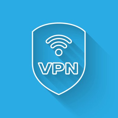 Vpn ve wifi kablosuz internet ağı sembol simgesi uzun gölge ile izole ile Beyaz Kalkan. Vpn güvenlik kavramını koruyun. Vektör İllüstrasyonu