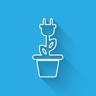 Uzun gölge ile izole pot çizgi simgesinde Beyaz Elektrik tasarruf fişi. Enerji elektrik simgesi kaydedin. Çevre koruma simgesi. Biyo enerji. Vektör İllüstrasyonu