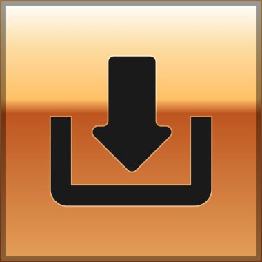 Altın arka planda yalıtılmış Siyah İndir simgesi. Yükle düğmesi. Yük sembolü. Ok noktası aşağıya doğru. Vektör İllüstrasyonu