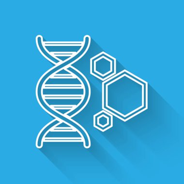 Beyaz Genetik mühendislik çizgi simgesi uzun gölge ile izole. DNA analizi, genetik testi, klonlama, babalık testi. Vektör İllüstrasyonu