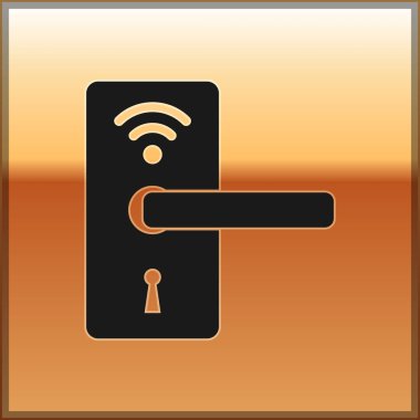 Altın arka planda izole simge kilidini açmak için kablosuz teknolojisi ile Siyah Dijital kapı kilidi. Kapı kolu işareti. Kavramın güvenlik akıllı ev. Vektör İllüstrasyonu