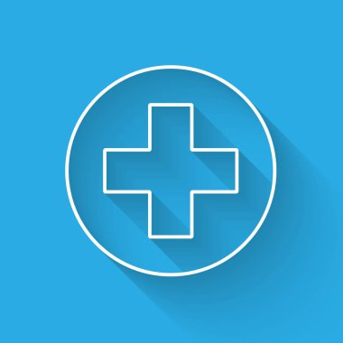 Uzun gölge ile izole daire simgesi beyaz Tıbbi çapraz. İlk yardım tıbbi sembolü. Vektör İllüstrasyonu