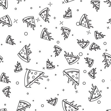Siyah Dilim pizza çizgi simgesi beyaz arka plan üzerinde dikişsiz desen izole. Vektör İllüstrasyonu