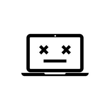 Siyah Ölü dizüstü bilgisayar simgesi beyaz arka planda yalıtılmış. Ölü emoji ile dizüstü bilgisayar gibi 404 hata. Pc sisteminde ölümcül hata. Vektör İllüstrasyonu