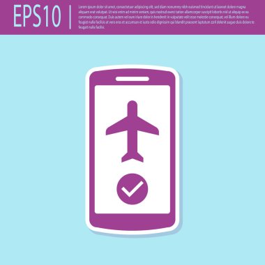 Turkuaz arka planda izole cep telefonu simgesi retro mor Uçuş modu. Uçak veya uçak uçuş çevrimdışı modu yolcu yönetmeliği havayolu . Düz tasarım. Vektör İllüstrasyonu
