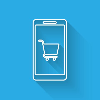 Beyaz Cep telefonu ve alışveriş sepeti satır simgesi uzun gölge ile izole. Online satın alma sembolü. Süpermarket sepeti sembolü. Vektör İllüstrasyonu