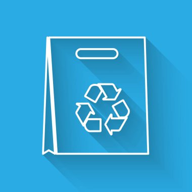 Uzun gölge ile izole geri dönüşüm hattı simgesi ile Beyaz Kağıt alışveriş çantası. Geri dönüşüm sembolü ile çanta. Vektör İllüstrasyonu