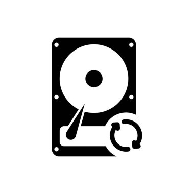 Siyah Sabit disk sürücüsü (Hdd) eşitleme simgesi beyaz arka planda yalıtılmış. Vektör İllüstrasyonu