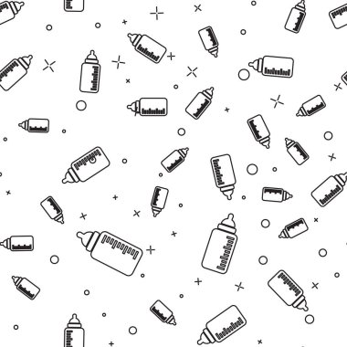 Siyah bebek ikonu, beyaz arka planda izole edilmiş, pürüzsüz bir desen. Beslenme şişesi simgesi. Süt şişesi tabelası. Vektör İllüstrasyonu