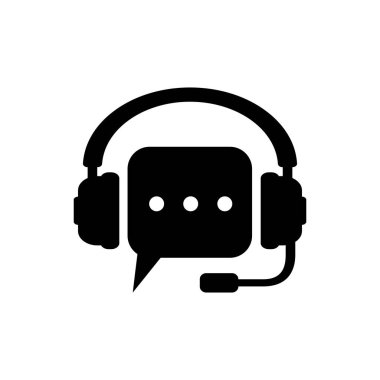Beyaz arka planda konuşma balonu simgesi olan siyah kulaklıklar. Destek müşteri hizmetleri, yardım hattı, çağrı merkezi, kılavuz, sss, bakım, yardım. Vektör İllüstrasyonu