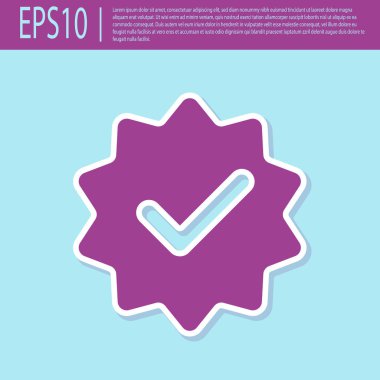 Retro mor Onaylı veya sertifikalı madalya kurdeleler ve turkuaz arka plan üzerinde izole onay işareti simgesi ile. Düz tasarım. Vektör İllüstrasyonu