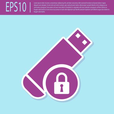 Retro mor Usb flash sürücü, turkuaz arka planda izole edilmiş kapalı asma kilit simgesine sahip. Güvenlik, güvenlik, koruma konsepti. Vektör İllüstrasyonu