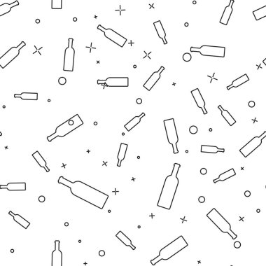 Siyah Şişe şarap simgesi beyaz arka plan üzerinde izole dikişsiz desen. Vektör İllüstrasyonu