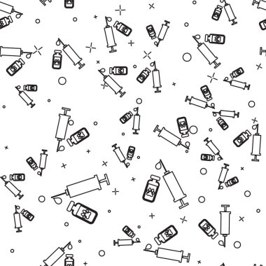 Beyaz arka plan üzerinde evcil hayvan aşısı simgesi izole dikişsiz desen ile Siyah Şırınga. Köpek ya da kedi pençesi izi. Vektör İllüstrasyonu