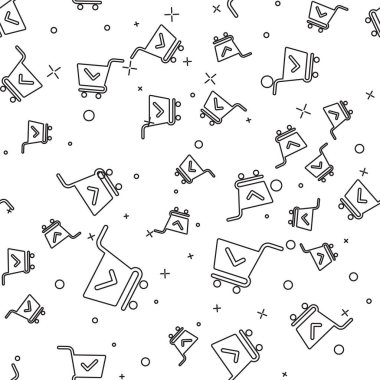 Beyaz arka plan üzerinde onay işareti simgesi yalıtılmış kesintisiz desenli Siyah Alışveriş sepeti. Onaylı süpermarket sepeti, onaylamak, bitmiş, kene, tamamlanmış sembol. Vektör İllüstrasyonu