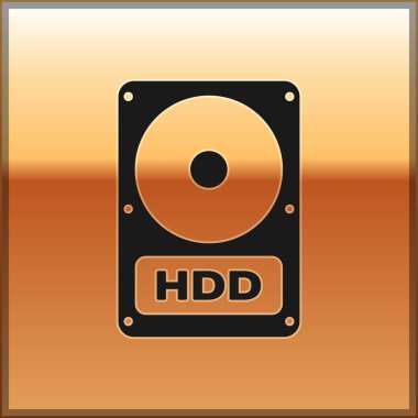 Altın arka planda yalıtılmış Siyah Sabit disk sürücüsü (Hdd) simgesi. Vektör İllüstrasyonu