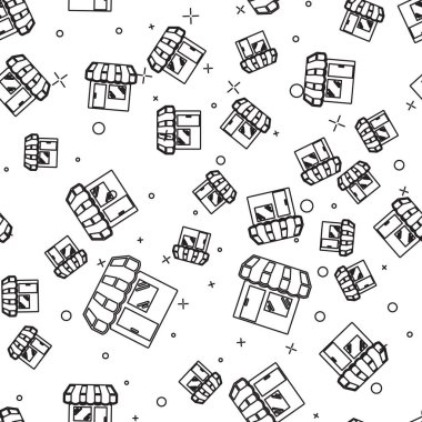 Siyah Alışveriş binası veya market mağazası simgesi beyaz arka plan üzerinde sorunsuz desen izole. Dükkan inşaatı. Vektör İllüstrasyonu